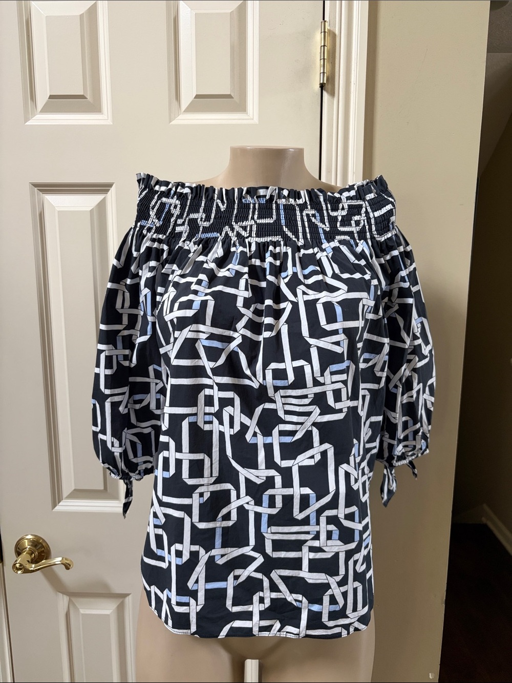 Tyler Boe Black / Blue and White Geometric Off-Shoulder Blouse, small